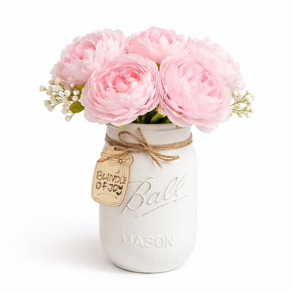 Pink Peony Baby Girl Shower Arrangement in Mason Jar, Custom Tag Nursery Decor